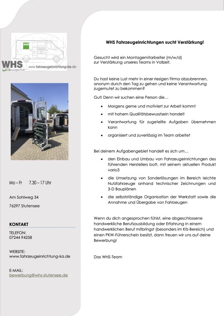 Social Media WHS Fahrzeugeinrichtungen sucht VerstärkungBild